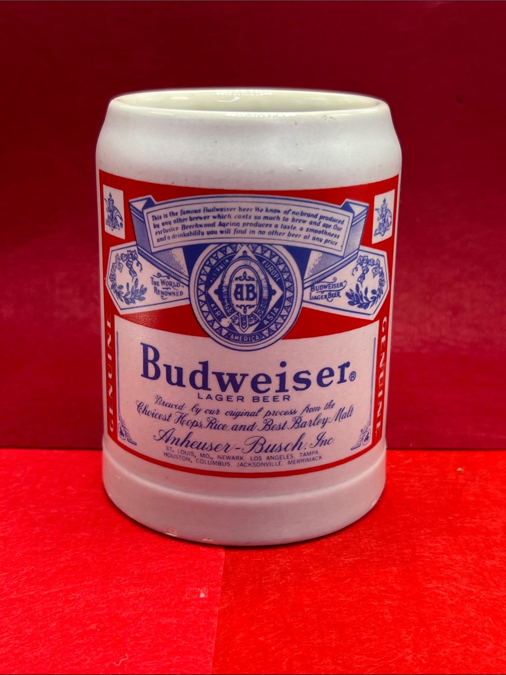 Budweiser Red and White Ceramic Stein